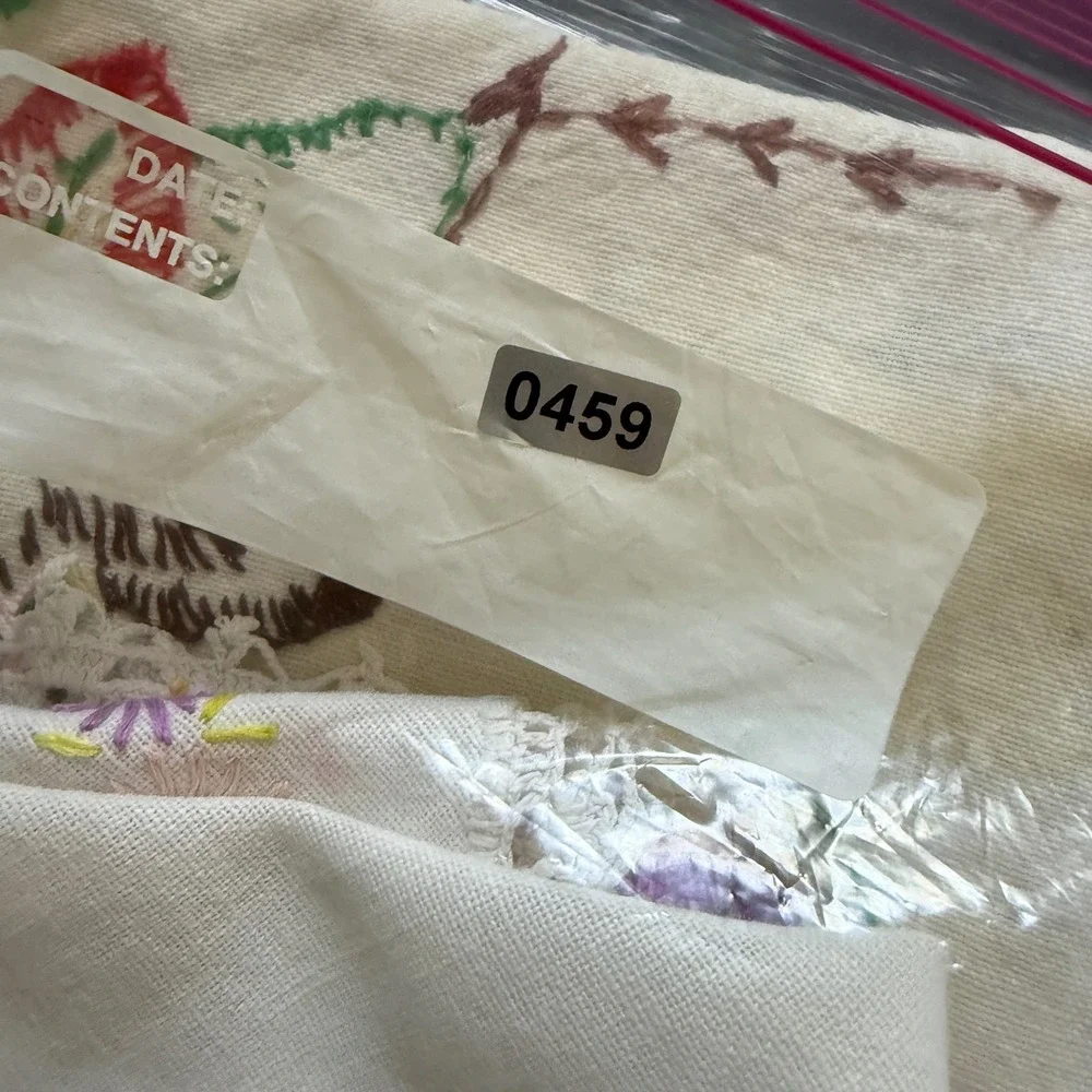Vintage Embroidered Linen Southern Belle Table Scarf and Purple Crochet Doily